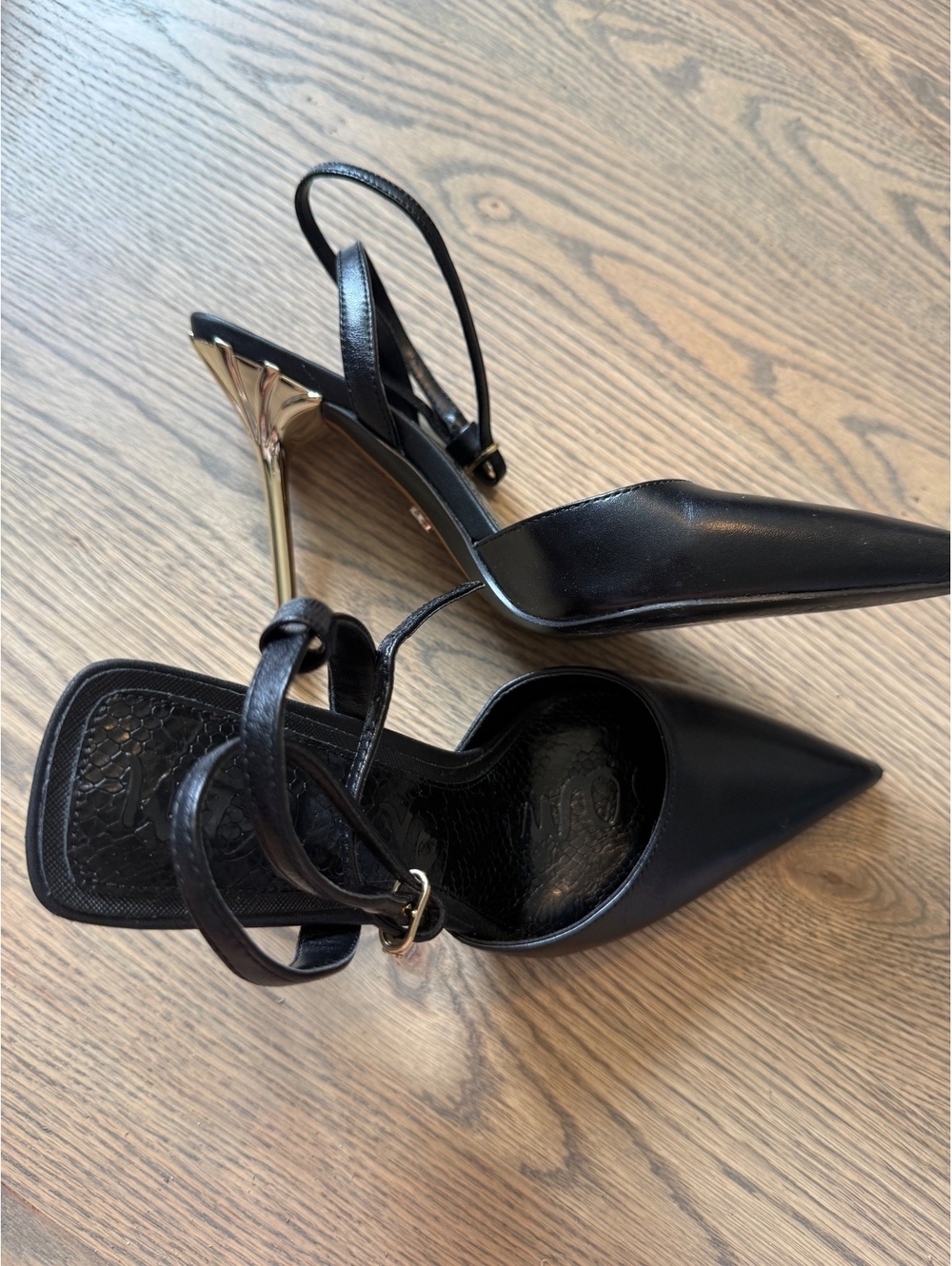 Sam Edelman Black Pointed Toe Slingback Heels with Gold Stiletto